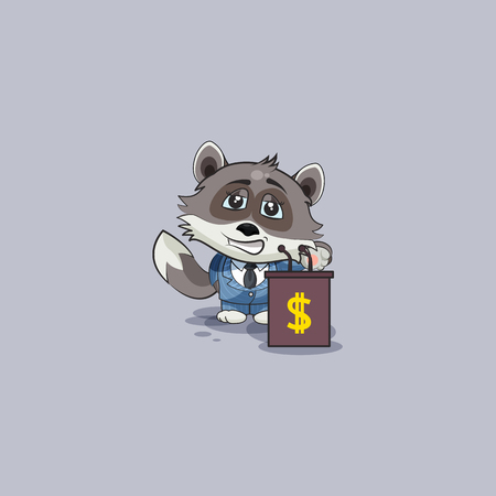 Vector Illustration isolated Emoji character cartoon wealth riches in business suit wolf cub pup sticker emoticon training presentation orator speaker behind podium money profit dollar earning income.のイラスト素材