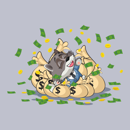 Vector Stock Illustration isolated Emoji character cartoon wealth riches wolf cub pup in business suit sticker emoticon lies happy on bags of money celebrates profits dollars earnings income salary design.のイラスト素材
