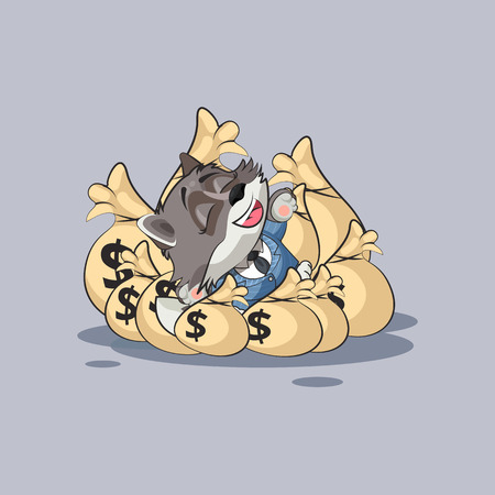Vector Stock Illustration isolated Emoji character cartoon wealth riches wolf cub pup in business suit sticker emoticon lies happy on bags of money celebrates profits dollars earnings income salary design.のイラスト素材