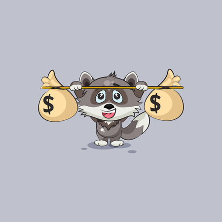 Vector Stock Illustration isolated Emoji character cartoon happy wealth riches wolf cub pup sticker emoticon raises barbell bags of money profit dollar earning income salary video infographic element.のイラスト素材