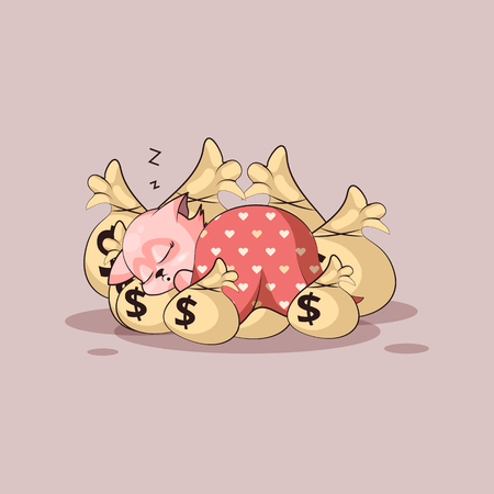 Vector Stock Illustration isolated Emoji character cartoon wealth riches cat tomcat kitten kitty sticker emoticon sleep on bags money rest after profit dollar earning income salary infographic motion.のイラスト素材