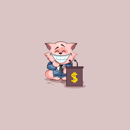Vector Illustration isolated Emoji character cartoon wealth riches in business suit cat cub kitten kitty sticker emoticon training presentation orator speaker behind podium money profit dollar earning.のイラスト素材