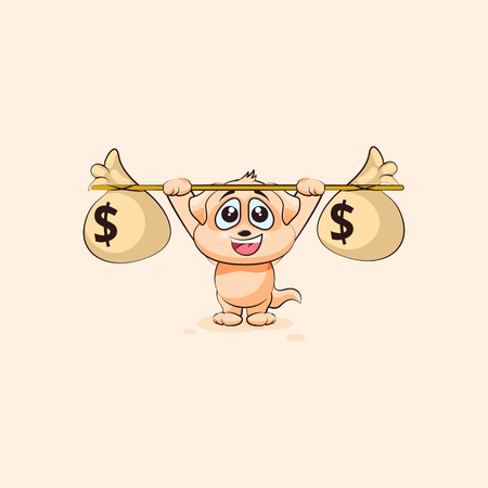 Vector Stock Illustration isolated Emoji character cartoon happy wealth riches dog cub puppy pup sticker emoticon raises barbell bags of money profit dollar earning income salary infographic element.のイラスト素材