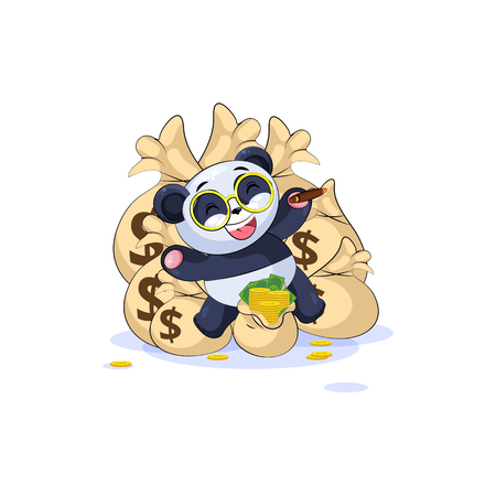 Vector Stock Illustration isolated Emoji character cartoon wealth riches panda bamboo bear Chinese symbol sticker emoticon lies happy on bags of money celebrates profits dollars earnings income salary.のイラスト素材