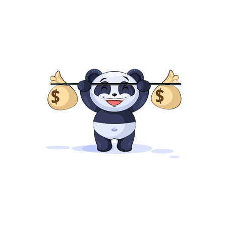 Vector Stock Illustration isolated Emoji character cartoon happy wealth riches panda bamboo bear Chinese symbol sticker emoticon raises barbell bags of money profit dollar earning income salary design.のイラスト素材