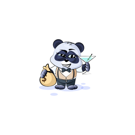 Vector Stock isolated Emoji character cartoon panda cub bamboo bear Chinese symbol sticker in business suit emoticon with bag of money, glass martini celebrates profits dollars earnings income salaryのイラスト素材