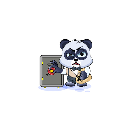 Vector Illustration isolated Emoji character cartoon wealth riches panda bamboo bear Chinese symbol in business suit sticker emoticon open safe to hide money celebrate profit dollar earning income salary.のイラスト素材
