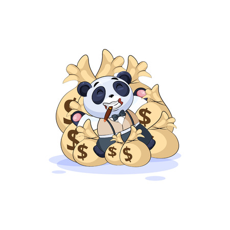 Vector isolated Emoji character cartoon wealth riches panda cub bamboo bear Chinese symbol in business suit sticker emoticon lies happy on bags money celebrates profits dollars earnings income salary.のイラスト素材