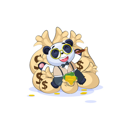 Vector isolated Emoji character cartoon wealth riches panda cub bamboo bear Chinese symbol in business suit sticker emoticon lies happy on bags money celebrates profits dollars earnings income salary.のイラスト素材