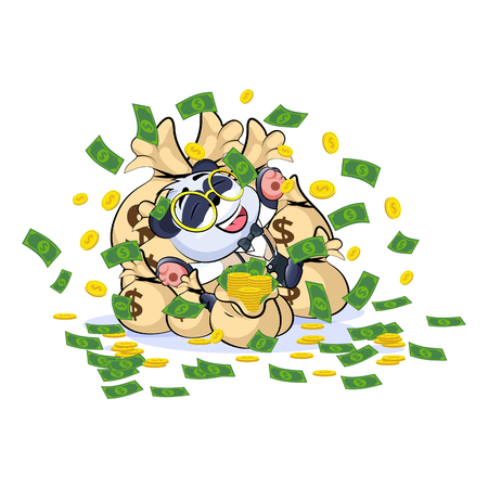 Vector isolated Emoji character cartoon wealth riches panda cub bamboo bear Chinese symbol in business suit sticker emoticon lies happy on bags money celebrates profits dollars earnings income salary.のイラスト素材