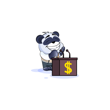 Vector isolated Emoji character cartoon wealth riches business suit panda cub bamboo bear Chinese symbol sticker emoticon training presentation orator speaker behind podium money profit dollar earning.のイラスト素材