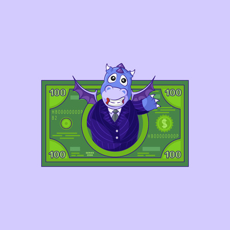 Vector isolated Emoji character cartoon happy wealth riches businessman dragon cub reptile Creeper reptilian business suit sticker emoticon Creeper reptilian money profit dollar earning income salary.のイラスト素材