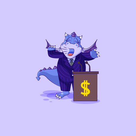 Vector isolated Emoji character cartoon wealth riches business suit dragon cub reptile Creeper reptilian sticker emoticon training presentation orator speaker behind podium money profit dollar earning.のイラスト素材