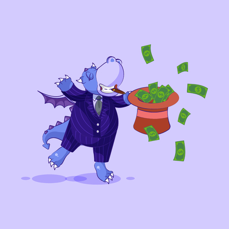 Vector isolated Emoji character cartoon in business suit wealth riches dragon cub reptile Creeper reptilian sticker emoticon jumping for joy with hat of money celebrate profit dollar earning income.のイラスト素材