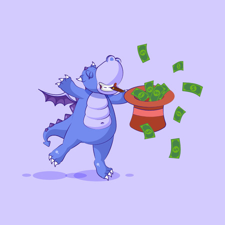 Vector Stock Illustration isolated Emoji character cartoon wealth riches dragon cub Reptilian creeper sticker emoticon jumping for joy with hat money celebrate profit dollar earning income salary.のイラスト素材
