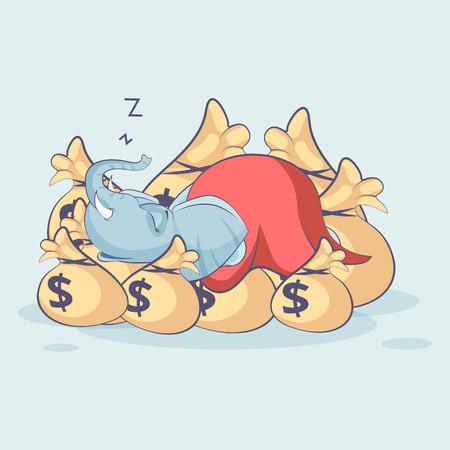 Vector Stock Illustration isolated Emoji character cartoon happy wealth riches elephant sticker emoticon sleeps on bags money rest after profit dollar earning income salary infographic motion design.のイラスト素材
