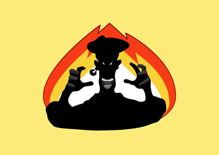 Vector illustration cartoon character pirate sea robber filibuster emoji sticker seaman captain sailor mascot evil angry against backdrop of flaming burning fire emotion emoticon yellow background.のイラスト素材