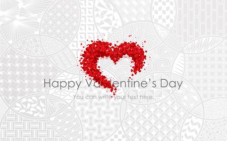 Stock vector illustration romantic gentle greeting Happy Valentine s Day white pattern of zentangl doodle outline abstract shape with red volumetric rose petals in shape of heart love gray background.のイラスト素材