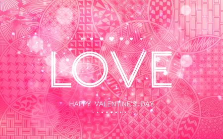 Stock vector illustration romantic gentle greeting Happy Valentine s Day pink pattern of zentangl doodle outline abstract shape with white inscription lettering love bokeh backgroundのイラスト素材