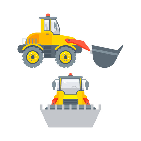 Stock vector isolated loader with bucket illustration side view and front view, transportation and business building materials, tractor, agrimotor design element in flat style on white backgroundのイラスト素材