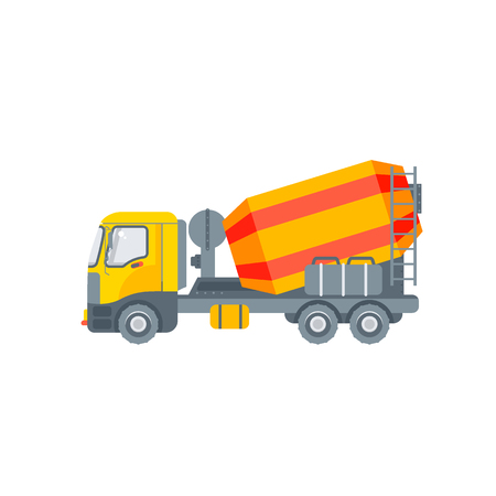Stock vector isolated cement or concrete mixer truck illustration side view transportation and business delivery of building materials, design element in flat style on white backgroundのイラスト素材