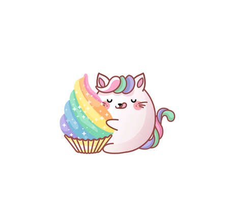 Cat Kitty kitten hug cupcake dessert delicious kawaii chibi Japanese style Emoji character sticker emoticon smile mascotのイラスト素材