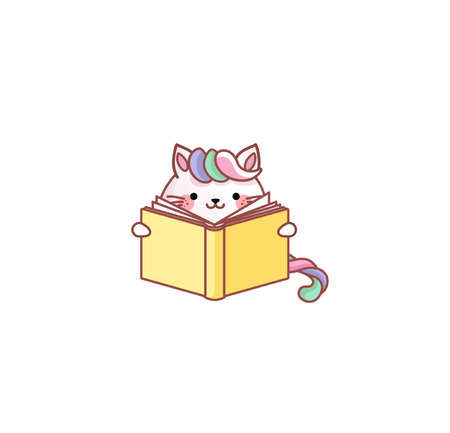 Cat Kitty kitten reads book learning education kawaii chibi Japanese style Emoji character sticker emoticon smile mascotのイラスト素材