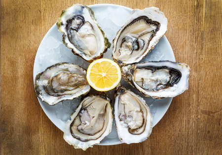 Fresh oysters in a white plate with ice and lemon on a wooden deskの写真素材