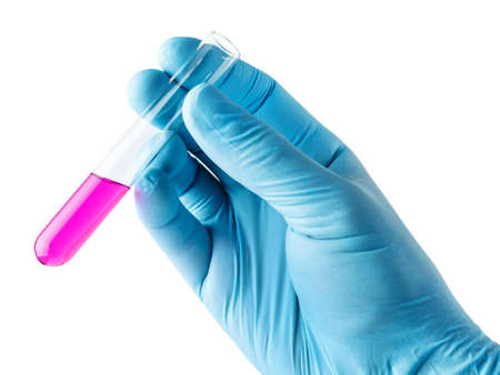 Hand in a glove, holding test tube isolated on white