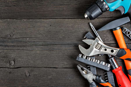 Work tools on wood close-up