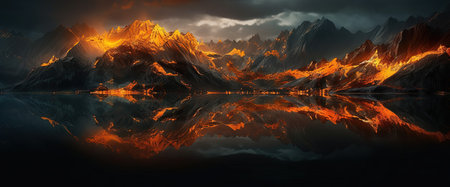 Fantasy landscape with mountains and lake at sunset. 3D illustrationの素材