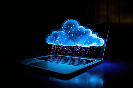 Cloud computing concept with laptop and binary code on screen. 3D renderingの素材