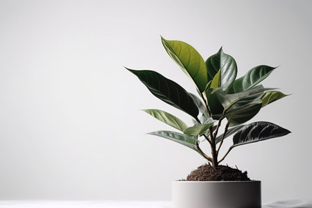 Ficus elastica plant in pot on white background with copy spaceの素材