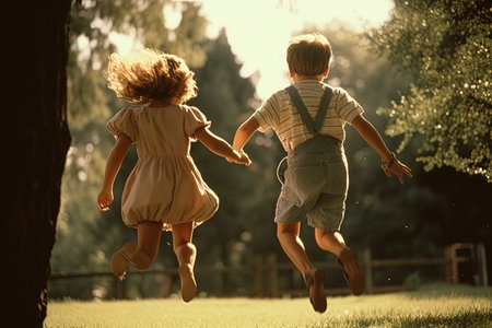 Two little children running in summer park. Kids having fun together.の素材
