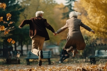 Happy senior couple in autumn park running and jumping. They are having fun.の素材
