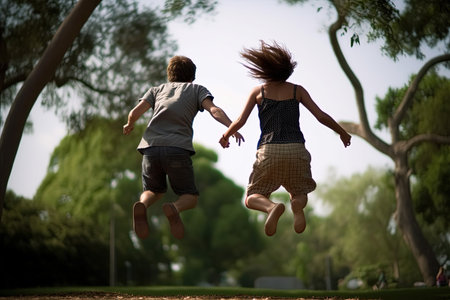 Couple jumping in the park. Boy and girl having fun outdoors.の素材