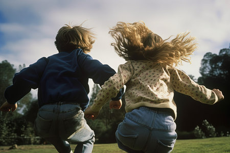 Back view of two little girls running in the park on a sunny dayの素材