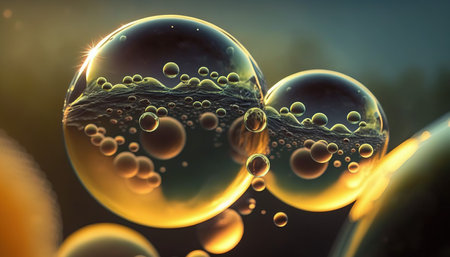 Soap bubbles with air bubbles. 3D illustration of soap bubblesの素材