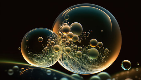 Beautiful soap bubbles on black background. Fantasy fractal design. 3D rendering.の素材