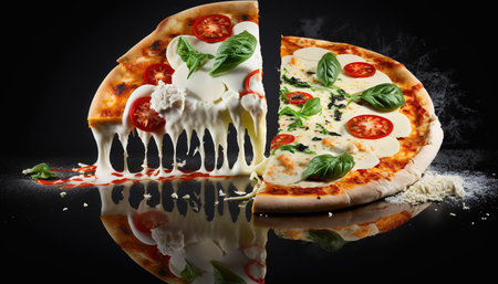 Pizza with mozzarella cheese and basil on a black backgroundの素材