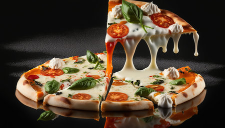 Pizza with mozzarella cheese, tomatoes and basil on black backgroundの素材