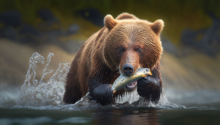 Grizzly bear in the water with a fish in his mouthの素材
