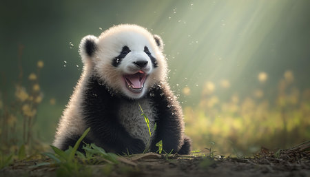 Panda bear yawning with open mouth in bamboo forestの素材