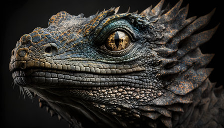 Close-up of iguana head on black background. 3d renderingの素材