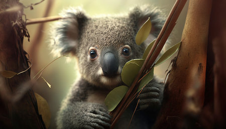 Cute koala bear in eucalyptus tree.の素材