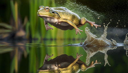 Frog in the water. 3D render. Nature background.の素材