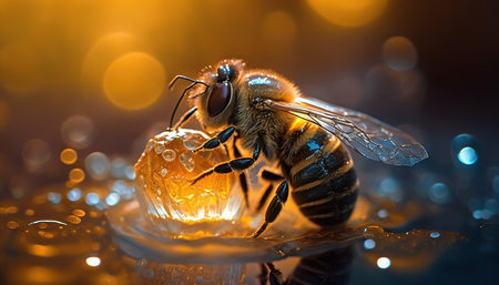 Macro of a bee on a honeycomb with a drop of waterの素材