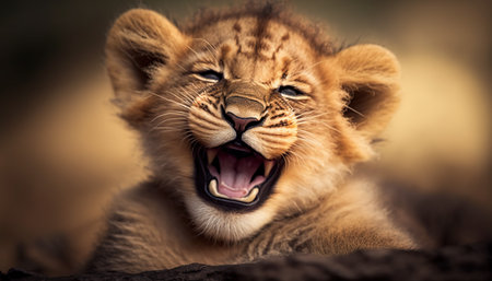 Lion cub yawning in the savannah of Serengeti National Park, Tanzaniaの素材