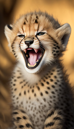 Close-up portrait of a cheetah cub yawning.の素材