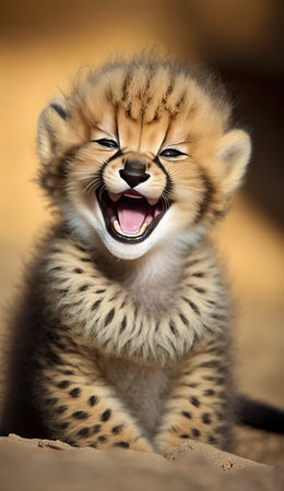 Leopard cub yawning and looking at camera. Animal portrait.の素材